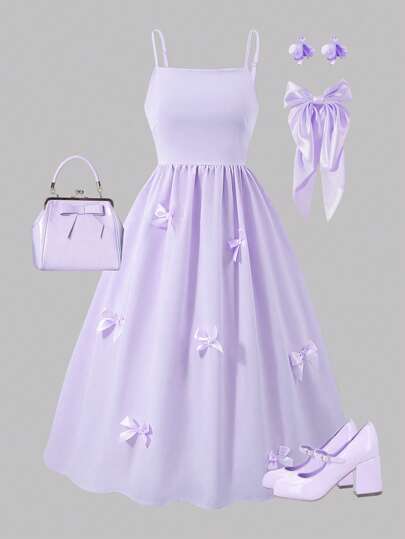 SHEIN 少女优雅华丽可爱无袖蝴蝶结荷叶边迷你连衣裙，粉色，高腰，适合夏季和春季，非常适合派对、度假