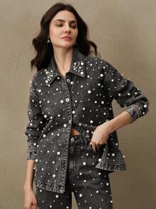 Anewsta 优雅时尚的女士长款牛仔衬衫，饰有珍珠和水钻装饰，高档新年衬衫 - 黑色 - 查看 3