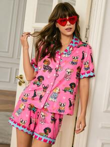 Chillnights 女式可爱卡通小狗图案翻领睡衣套装 - 彩色 - 查看 5