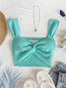 Soleia Summer For Women,Summer Tops,Vacation Woman,Easter,Crop Tops,Crop Tops Women,Cute Tops,Western Wear Women,Rave Festival,Concert Women,Vacation Women's Knit Top With Metallic Thread, Twist Knot On Front, Plunging Neckline, Cropped Style - Blue - View 3