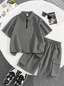 2pcs/Set Kids Tween Boys' Casual Vacation Polo Collar Half-Zip Pullover Shirt & Relaxed Fit Solid Shorts Set