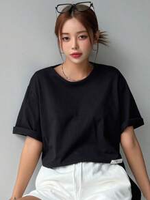 DAZY 字母贴片细节开衩下摆T恤学院风上衣 - 黑色 - 查看 6