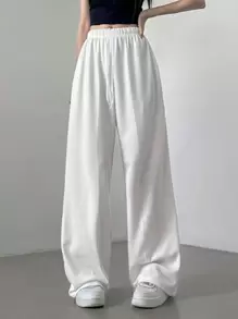 DAZY Pantalones de chándal de pierna ancha con cintura de cordón de unicolor para mujer
