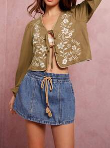 WESTFADE High Rise Elasticized Drawstring Waist Loose Fit Western Cowgirl Denim Skort Spring Break Casual Beach Vacation - Medium Wash - View 3