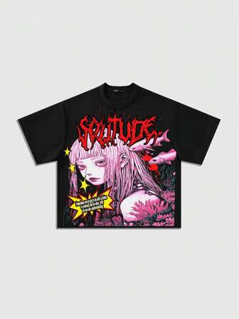 Street Life Camiseta de cuello redondo de manga corta casual y suelta con estampado de lema y dibujos animados para hombre