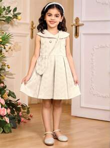 Girls Elegant Blue Heart Jacquard Sleeveless Waist Dress With Matching Sling Bag, Suitable For Modest Girls In Summer - Apricot - View 3