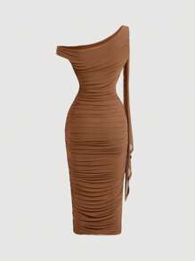 SHEIN MOD 中长款女士纯色不对称领褶皱连衣裙，西式女装，沙滩装，派对装，粉彩色连衣裙，休闲夏装，毕业礼服 - 棕色 - 查看 2