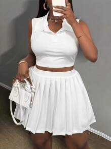 Slaydiva Set de 2 piezas 2025 Nueva temporada: Suéter informal clásico de cuello polo emparejado con falda plisada de ajuste ceñido de gran elasticidad, ropa de calle todo a juego para mujer, talla grande
