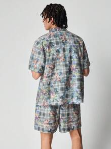 ROMWE MEN Street Life Men's Vacation Casual Plaid & Floral Print Shirt & Shorts Set - Multicolor - View 3