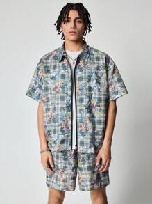 ROMWE MEN Street Life Men's Vacation Casual Plaid & Floral Print Shirt & Shorts Set - Multicolor - View 5