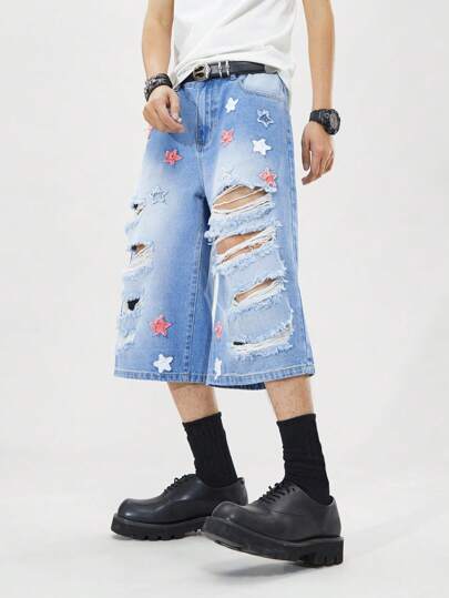 Street Life Pantalones vaqueros casuales lavados y desgastados para hombres con parche de estrella