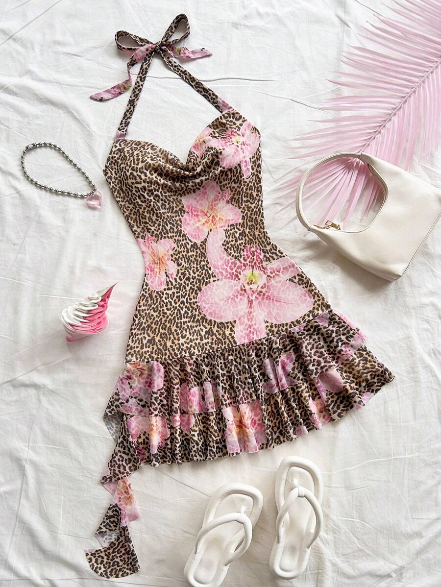 SHEIN Vestido corto con cuello halter drapeado, espalda descubierta, volantes en el bajo y estampado de leopardo y flores colorido para niña preadolescente. Incluye shorts incorporados. Ideal para vacaciones, Pascua, conciertos, festivales, cumpleaños y otros eventos. - Caqui - Ver 1