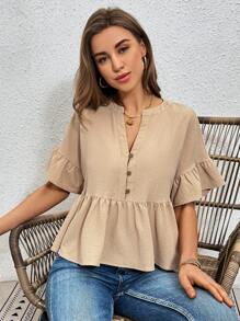 SHEIN Essnce 休閒質感割角領半扣設計荷葉邊上衣,適用於家居穿著 - 卡其色 - 查看 4