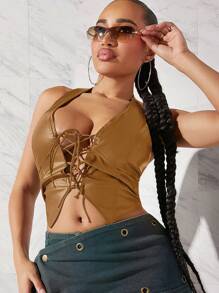 SHEIN Haute Parte superior tipo halter con cordones - Óxido marrón - Ver 5