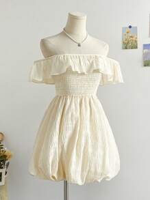 Soleia 女士度假海滩针织纹理露肩泡泡袖连衣裙，夏装，夏装，女士演唱会服装，女士沙滩裙，波西米亚风，女士早午餐服装，露肩，高腰，女士演唱会服装。女士毕业礼服，狂欢服装。圣帕特里克节服装