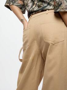SUMWON WOMEN Carpenter Wide Leg Utility Trousers With Multiple Pockets Workwear Style Straight Cut High Waisted Fashion Statement Fall Winter Pants - Beige - View 7