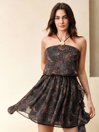 Anewsta 女士优雅浪漫假日闪亮花卉印花露背连衣裙，春夏休闲沙滩装