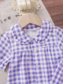 SHEIN Set de 2 piezas de ropa para el hogar para niñas bebé que incluye top con cuello a cuadros y bolsillos, y pantalones casuales