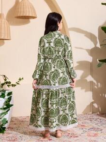 Tween Girls' Vacation Style Print Long Sleeve Dress - Green - View 2