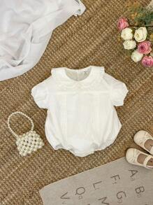 新生女宝宝可爱百搭休闲连体衣，彼得潘领，夏季 - 白色 - 查看 5