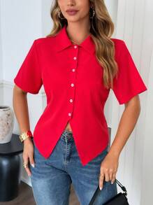 Flirla Koszula z krótkim rękawem w jednolitym kolorze, plus size, prosta i modna, odpowiednia na lato