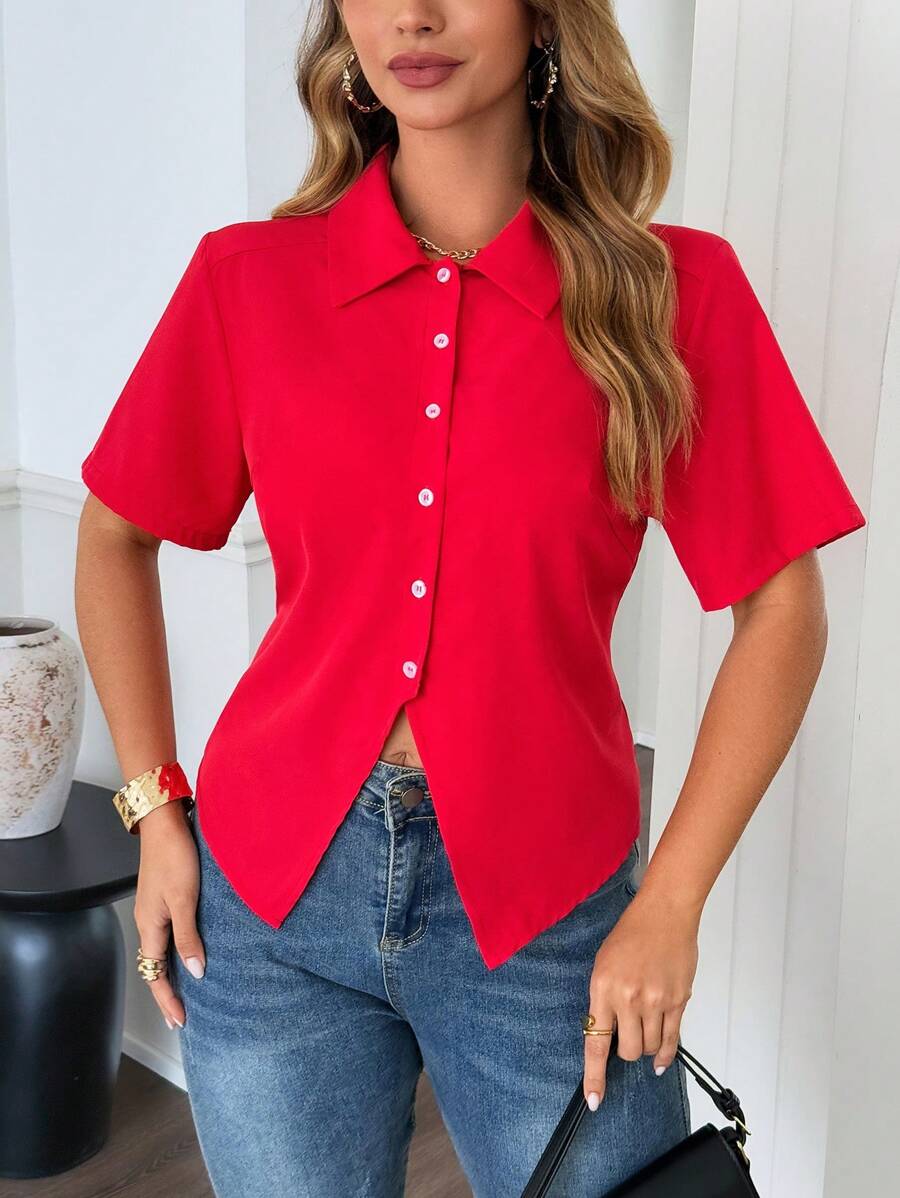 Flirla Koszula z krótkim rękawem w jednolitym kolorze, plus size, prosta i modna, odpowiednia na lato