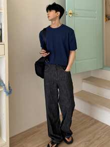 DAZY Men's Casual Solid Color Knitting Sweater For Summer - Navy Blue - View 3