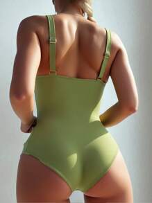 SHEIN Swim Traje de baño de una pieza con tirantes tipo espagueti, parches de malla y unicolor para playa/vacaciones - Verde - Ver 2