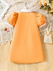 SHEIN Young Girl' Vacation Gingham Colorblock Ruffle Trim Puffed Sleeve Ruched Smocked Dress With 3D Cherry Decor, Spring/Summer - Coral Orange - View 2