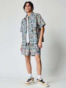 ROMWE MEN Street Life Men's Vacation Casual Plaid & Floral Print Shirt & Shorts Set - Multicolor - View 2