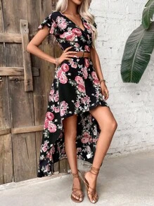 Breezaya Floral Print Butterfly Sleeve High Low Hem Dress Maxi Women Outfit - Black - View 3