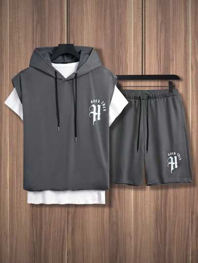 Manfinity Homme 2 件套男士休闲连帽短袖运动衫和短裤套装，简约时尚，适合夏季