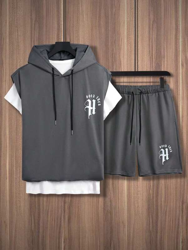 Manfinity Sporsity 2 Stücke/Set Herren Lässig Kapuzen Kurzarm Sweatshirt und Shorts Set, minimalistisch und modisch, geeignet für den Sommer