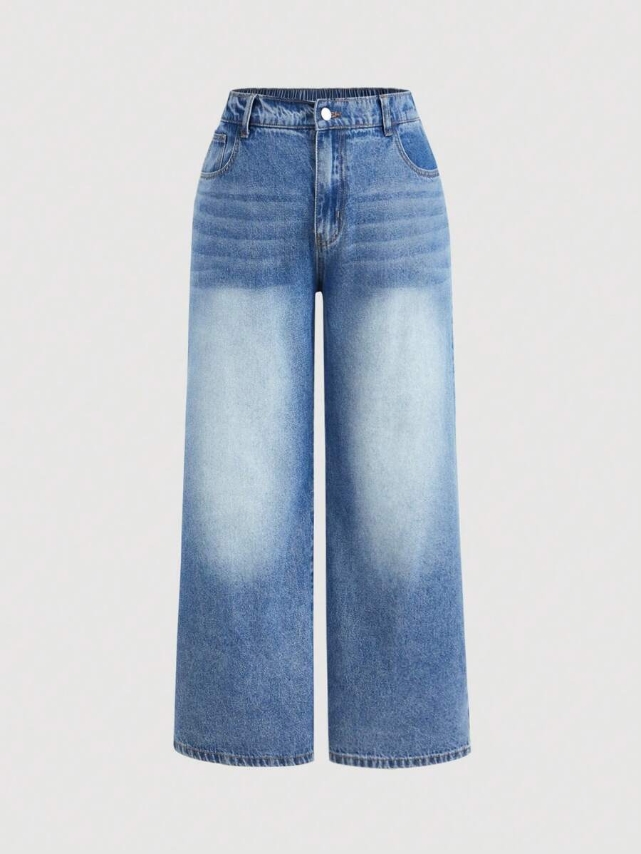 SHEIN PETITE CURVE 大码女式复古蓝色水洗宽松直筒牛仔裤 - 中等水洗藍 - 查看 1