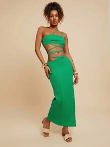 Travachic 2pcs Women Solid Color Cross Tie Blouse & Skirt Set,Vacation Outfits Woman,Sundresses For Vacation,Beach Vacation Outfits,Tropical Vacation Woman Clothes,Summer Outfits For Women,Sundress,Everyday,Backless,Women,Suitable For Party, Date, Afternoon Tea, Summer Outfit, Beach Vacation, Music Festival,Boho Chic,Green 2pcs - Green - View 6