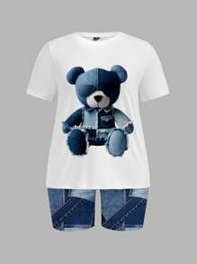 Slaydiva Set de 2 piezas para mujer de talla grande con camiseta de manga corta con estampado de oso de dibujos animados y pantalones cortos estampados, conjunto casual de verano