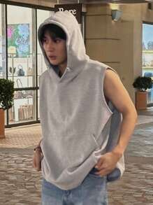 DAZY Men's Sleeveless Solid Gray Hoodie For Summer - Grey - View 4