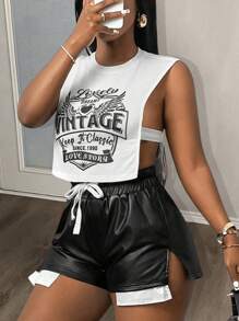 Slaydiva Nouveau débardeur de rue décontracté printemps et été à col rond sans manches avec logo blanc imprimé ailes anglaises sur les côtés tronqués et perforés. Jeu de deux pièces femmes comprenant ce top et une mini-jupe bicolore noire et blanche en PU ajustée - Multicolore - Voir 8