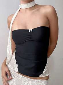 INAWLY Damen Crop Top mit Schmetterlings-Dekor und Falten, modisch - Schwarz - Übersicht 1