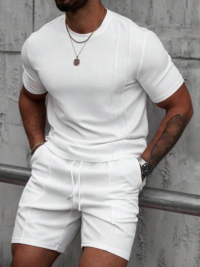 Manfinity CasualCool Men's Summer Basic Solid Color Knitted Casual Round Neck Short Sleeve Two Pieces Suit, Suitable For Daily Casual Wear, Suitable Gifts For Husband And Boyfriend, Men White Outfit