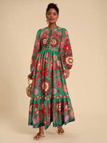 Travachic 度假花卉印花系带长袖连衣裙、秋装、优雅女装、秋季女装、墨西哥女装