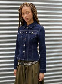 COUREZ Fitted Button Up Denim Jacket Y2K Vintage Cotton - Navy Blue - View 2