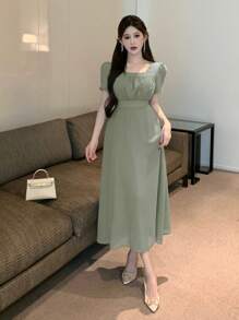 DAZY 女士优雅纯色泡泡袖中长连衣裙吊带裙舞会礼服复活节 - 綠色 - 查看 3