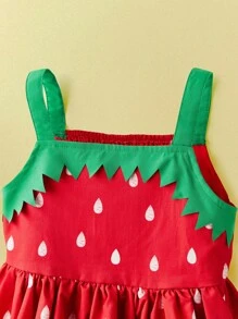 THE HAPPY LOOK Young Girls Green Strap Red Strawberry Print Floral Hem Dress, Cute Party Style