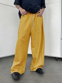 Manfinity Hypemode Pantalones de chándal de pierna ancha con cordón en la cintura para hombres, pantalones anchos y sueltos tipo jogger, pantalones holgados de color negro Y2K para hombres
