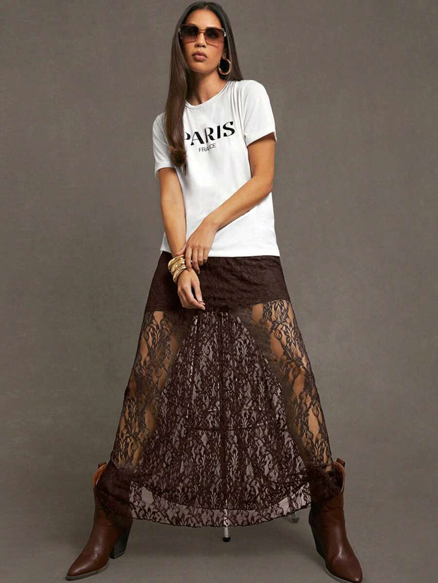 Siren Gaze 女士性感黑色野花蕾丝拼布轻盈透气长款夏季裙子 - 咖啡棕 - 查看 1