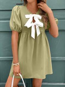 SHEIN Frenchy Damen Schleife Akzent aufgeblähte Ärmel locker geschnittenes Babydoll Mini-Kleid - Minzgrün - Übersicht 6