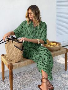 SHEIN VCAY Damen Jumpsuit mit Schmetterlingsärmeln, Batikdruck und Gürtel, Damen Urlaubsoutfits, Damen Urlaubskleidung, Frühling Jumpsuit für Damen - Grün - Übersicht 2