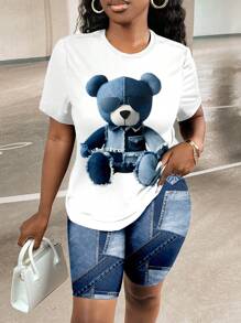 Slaydiva Set de 2 piezas para mujer de talla grande con camiseta de manga corta con estampado de oso de dibujos animados y pantalones cortos estampados, conjunto casual de verano