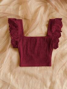 Soleia 波西米亚风、浪漫花卉、度假风、花卉图案七月四日主题上衣、度假上衣、串珠上衣、荷叶边上衣、派对上衣、背心、性感七月四日露脐上衣、饰有褶皱花卉图案的优雅荷叶边露脐上衣——度假的完美之选。 - 酒紅色 - 查看 2